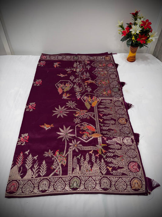 Troika Fashion – Regal Wine Nylon Dola Jarkan Work Saree
