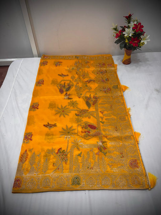 Troika Fashion – Vibrant Yellow Nylon Dola Jarkan Work Saree