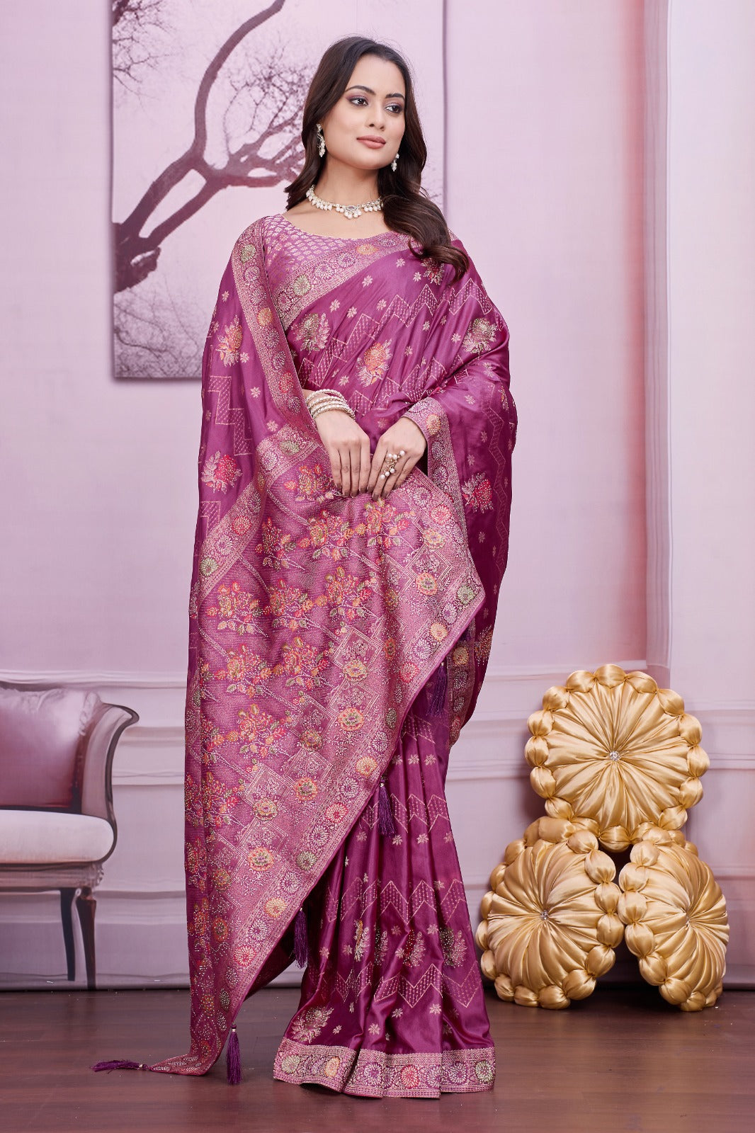 Troika Fashion – Mauve Nylon Satin Siroshi Work Saree