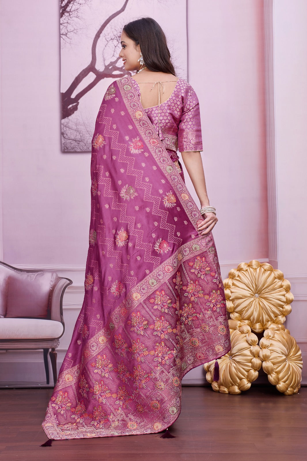 Troika Fashion – Mauve Nylon Satin Siroshi Work Saree