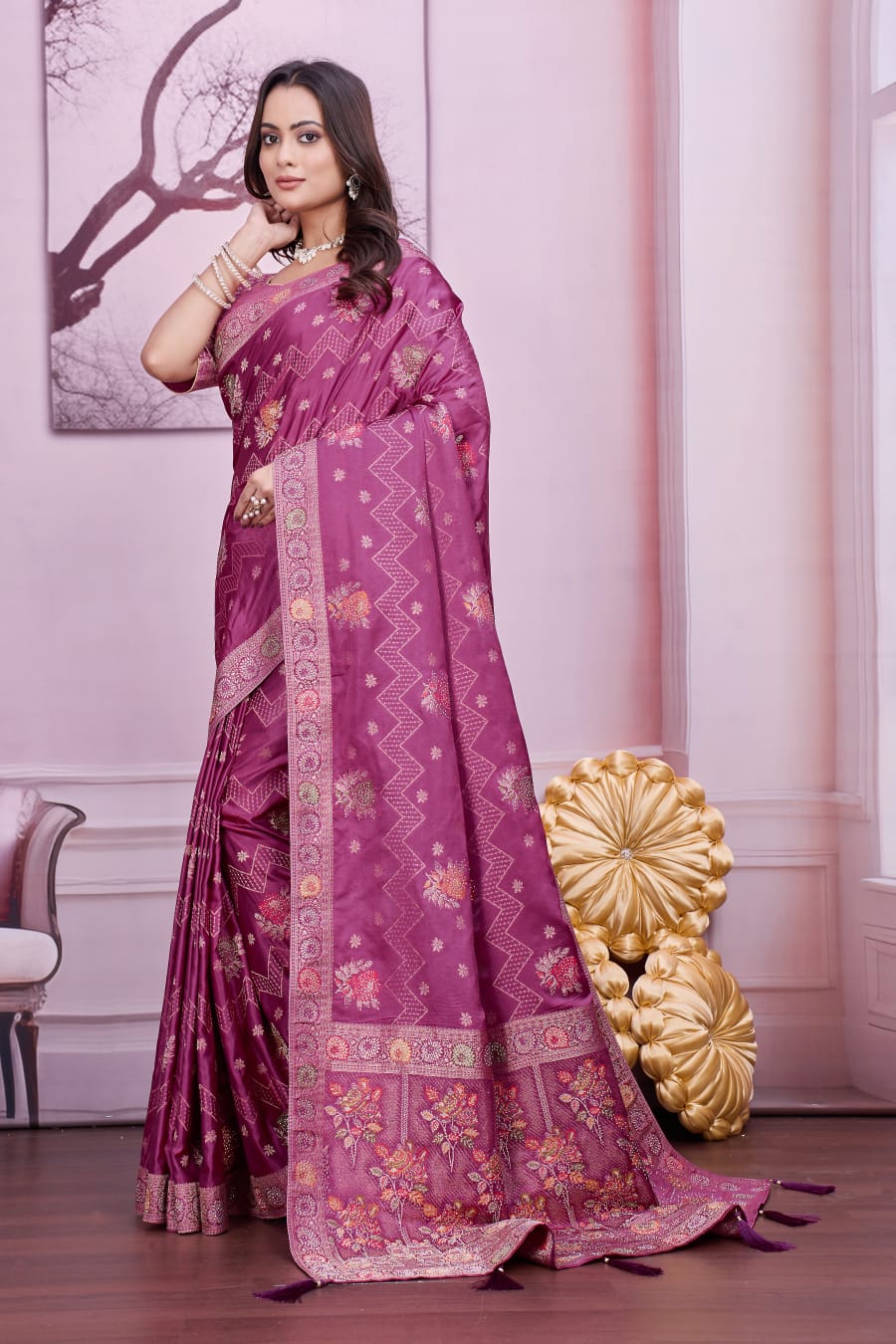 Troika Fashion – Mauve Nylon Satin Siroshi Work Saree
