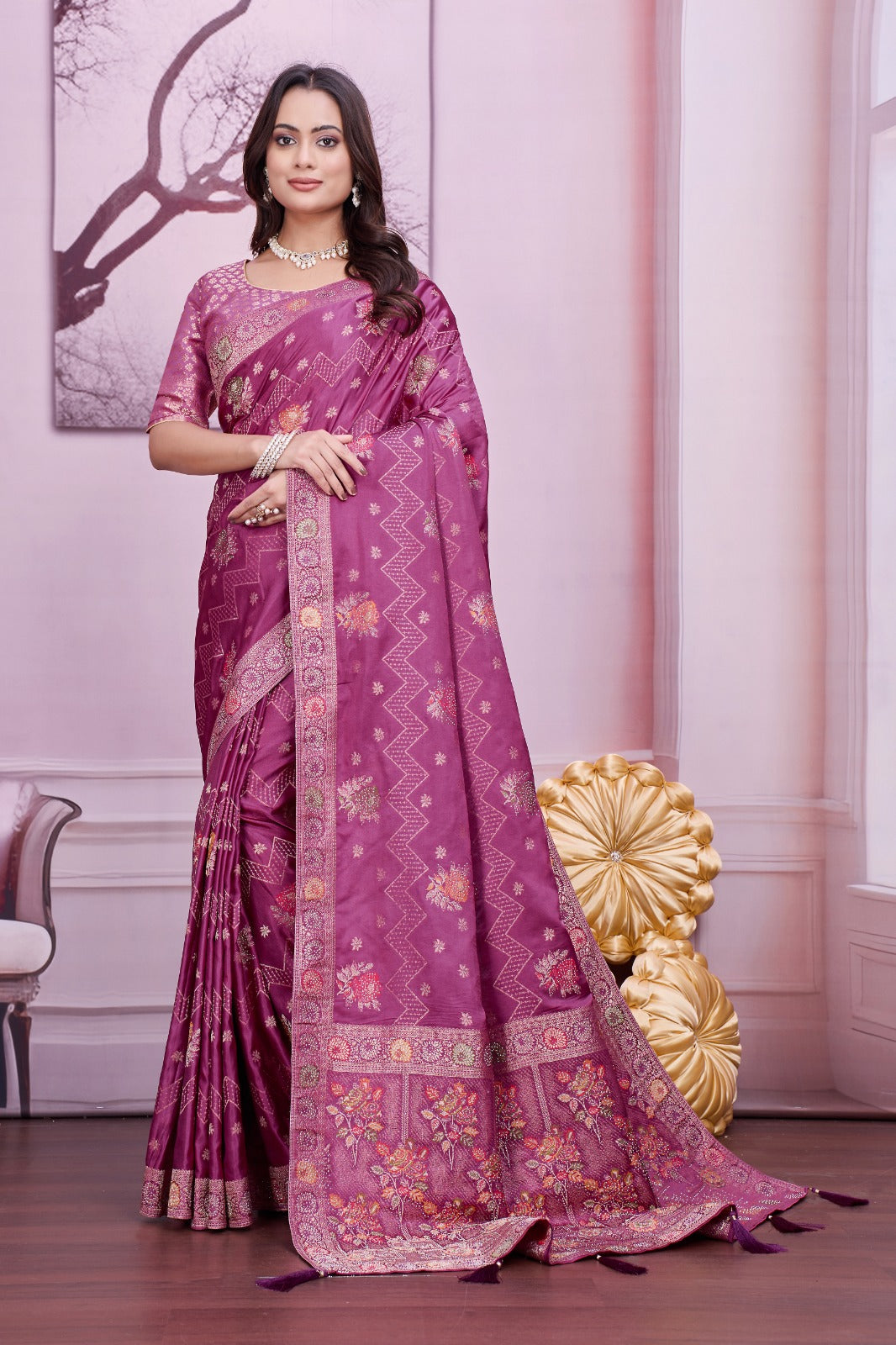 Troika Fashion – Mauve Nylon Satin Siroshi Work Saree