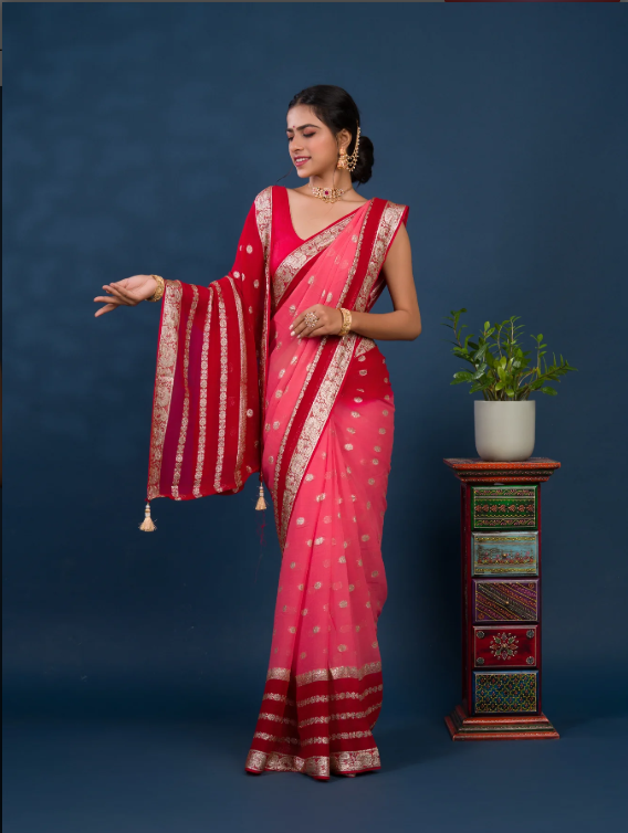 Troika Fashion – Pure Georgette Jaipuri Tie Dye Zari Weaving Saree