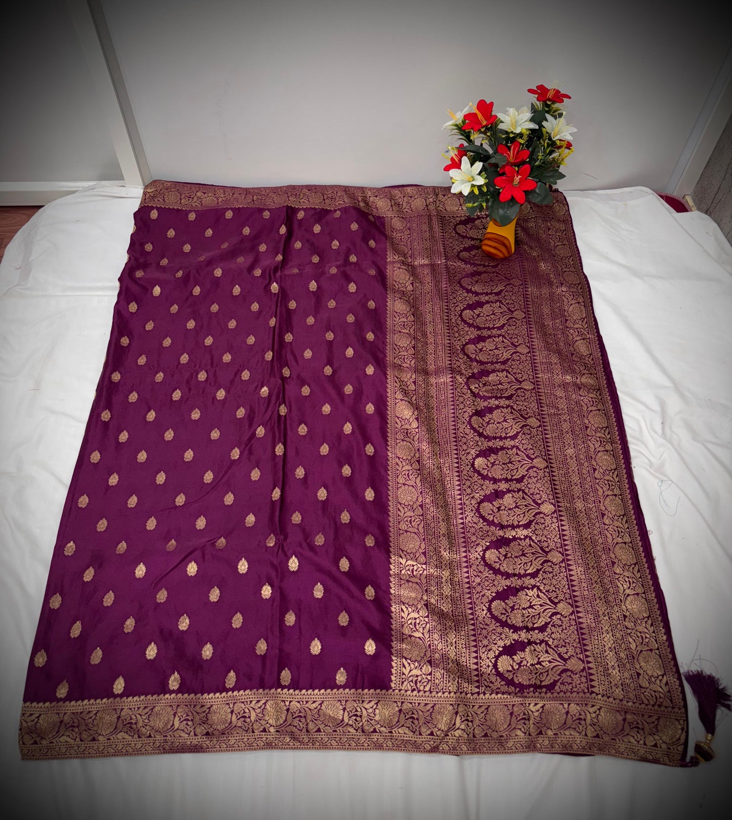 Troika Fashion – Royal Purple Satin Saree with Golden Zari Weaving for Party Wear & Festive Celebrations