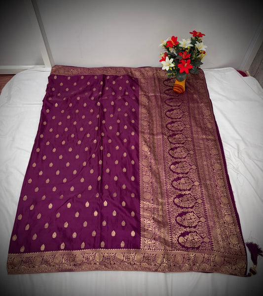 Troika Fashion – Royal Purple Satin Saree with Golden Zari Weaving for Party Wear & Festive Celebrations