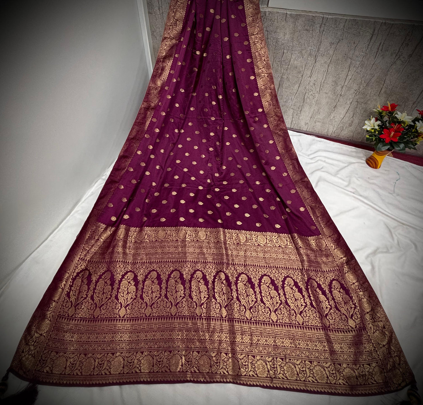 Troika Fashion – Royal Purple Satin Saree with Golden Zari Weaving for Party Wear & Festive Celebrations