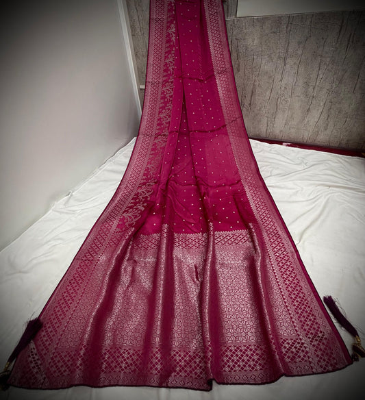 Troika Fashion – Rich Purple Shade Saree Adorned with Shimmering Silver Zari Detailing for Parties & Celebrations