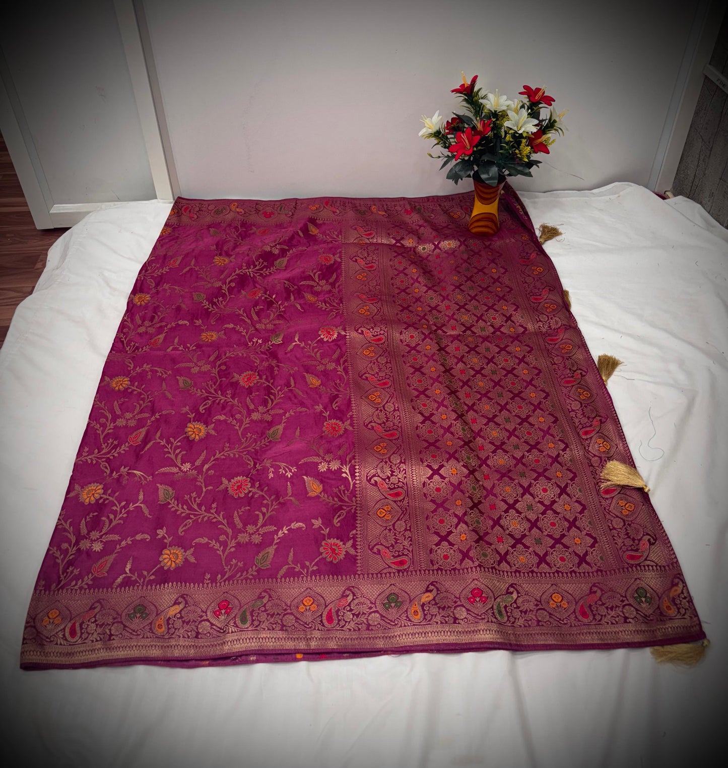Magenta Satin Saree with Multicolor Floral Weaving & Ornate Borders