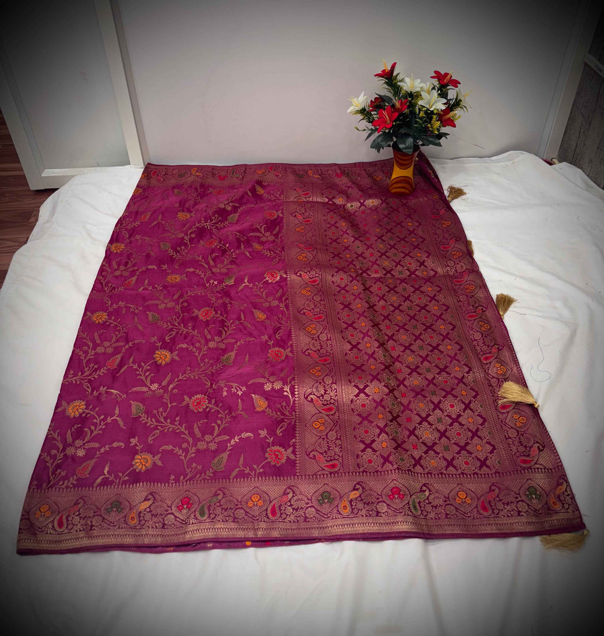 Enchant Your Festive Look: Magenta Satin Saree with Floral Weaving