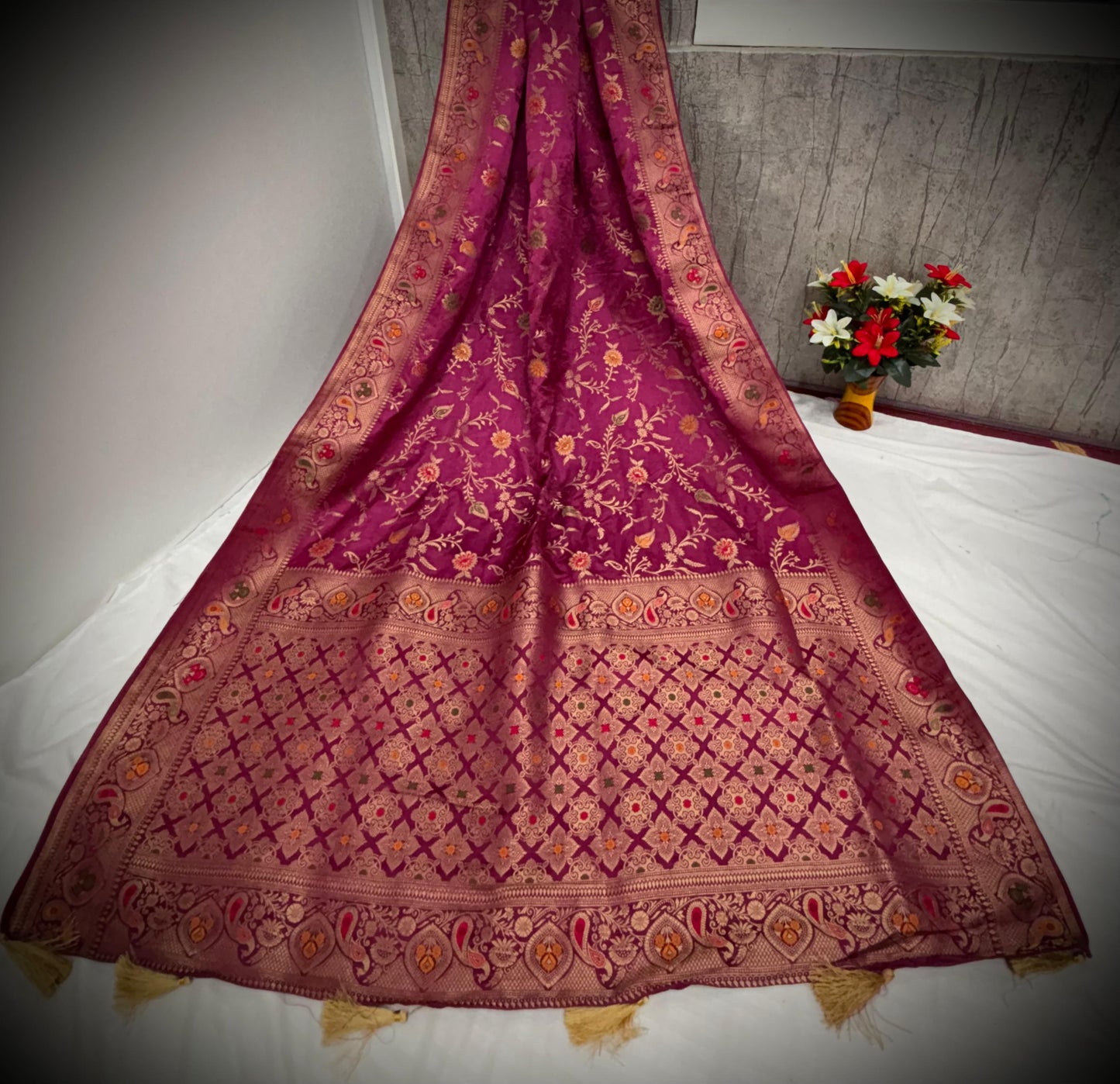 Magenta Satin Saree with Multicolor Floral Weaving & Ornate Borders