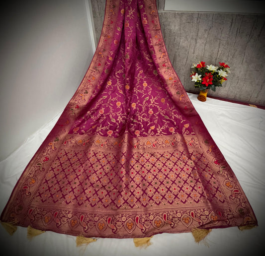 Magenta Satin Saree with Multicolor Floral Weaving & Ornate Borders