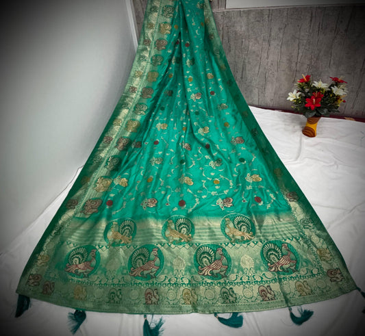Troika Fashion – Elegant Green Satin Saree with Multicolor Zari Peacock Motifs & Festive Borders