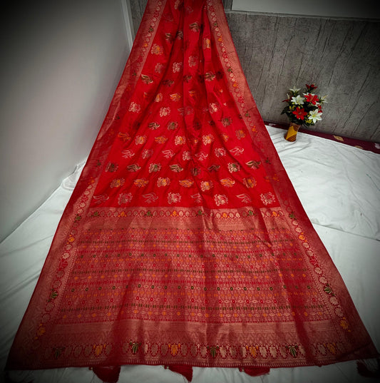 Troika Fashion – Vibrant Red Satin Saree with Multicolor Zari Weaving & Festive Motifs