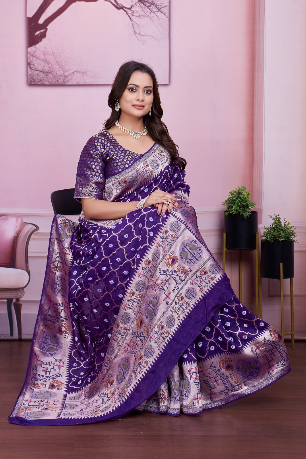 š Troika Fashion ā Purple Tusser Bandhej Saree with Woven Pallu