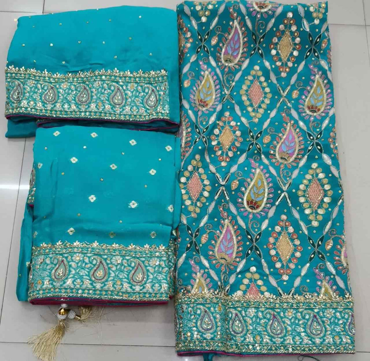 Elegant Teal Crepe Handwork Unstitched Suit Material Set