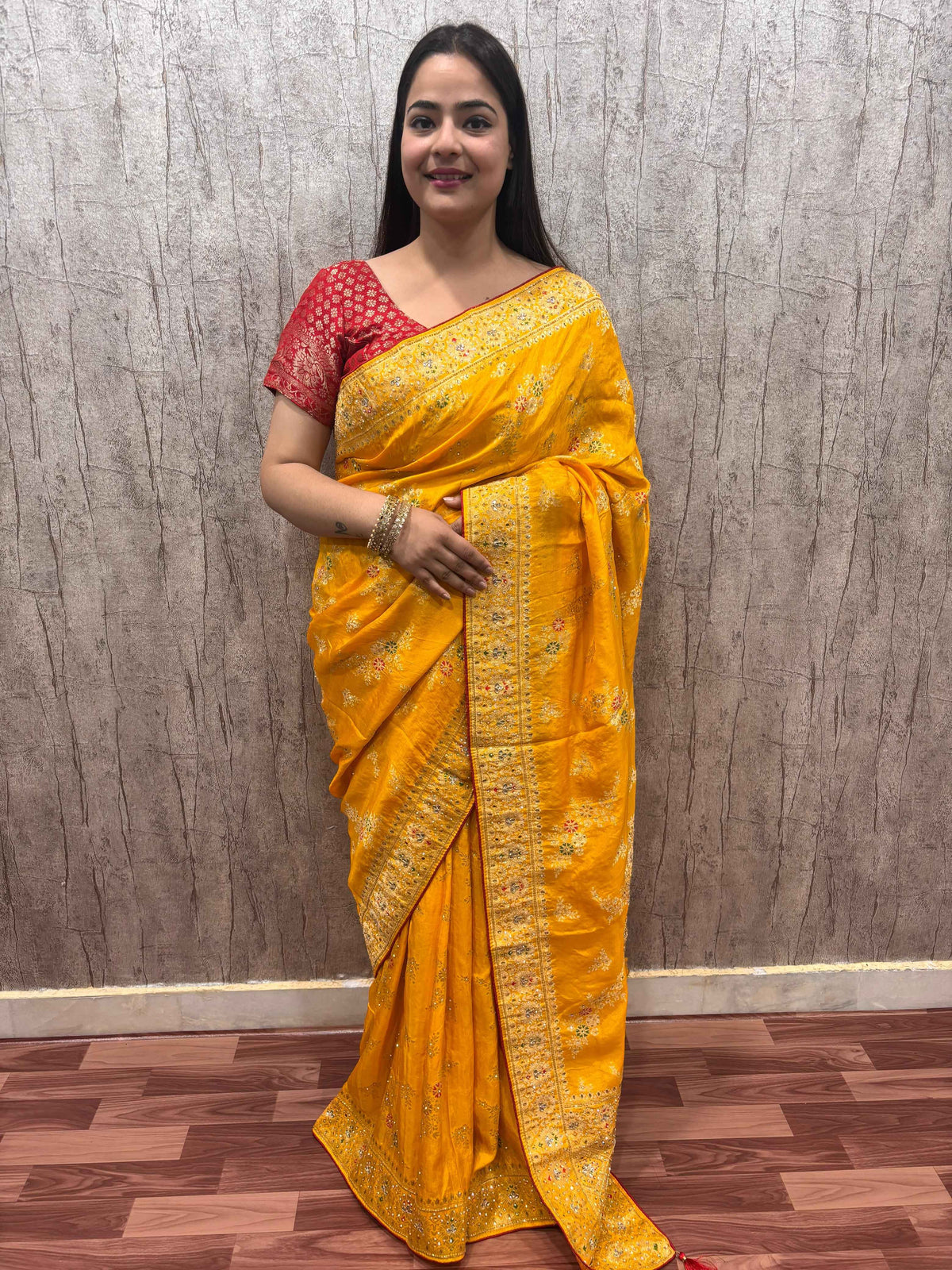 Elevate Your Elegance with Our Mustard Yellow Dola Silk Saree