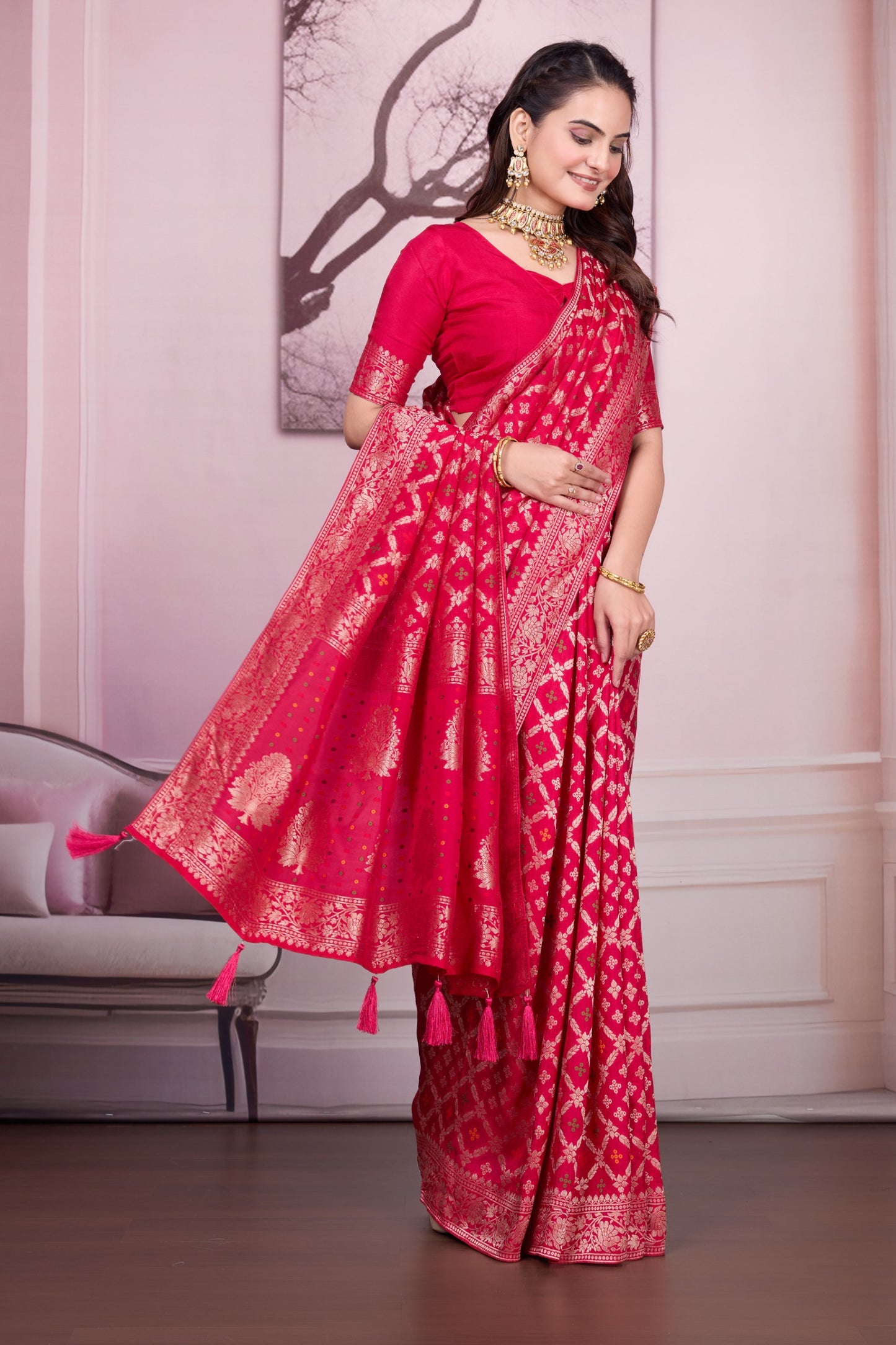 Troika Fashion – Pure Dola Silk Heavy Meena Zari Handwork Saree
