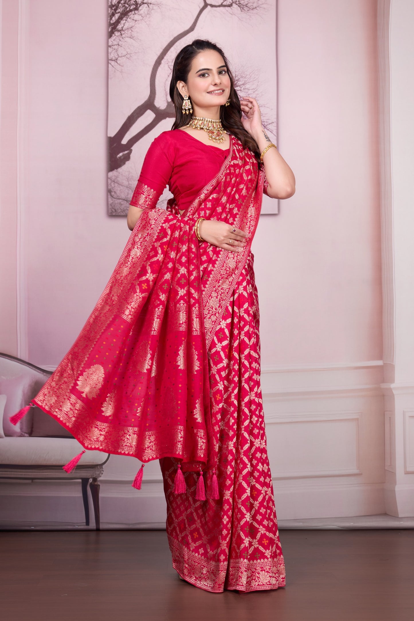 Troika Fashion – Pure Dola Silk Heavy Meena Zari Handwork Saree