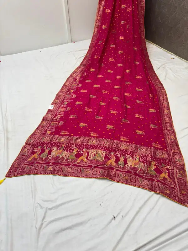 Rani Pink Dola Silk Bandhej Meena Saree For Women