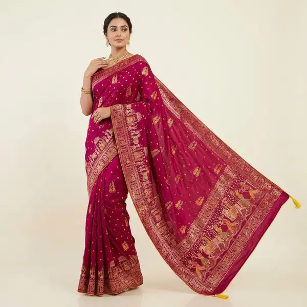 Rani Pink Dola Silk Bandhej Meena Saree For Women