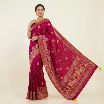 Rani Pink Dola Silk Bandhej Meena Saree For Women