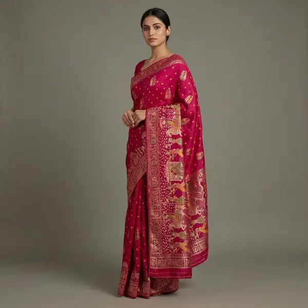 Rani Pink Dola Silk Bandhej Meena Saree For Women