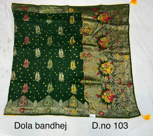 Heritage Green Dola Silk Bandhej Meena Saree For Women