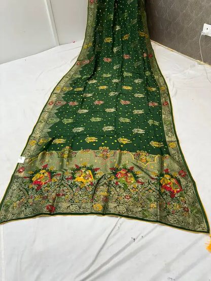 Heritage Green Dola Silk Bandhej Meena Saree For Women