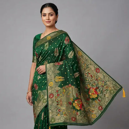 Heritage Green Dola Silk Bandhej Meena Saree For Women