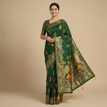 Heritage Green Dola Silk Bandhej Meena Saree For Women