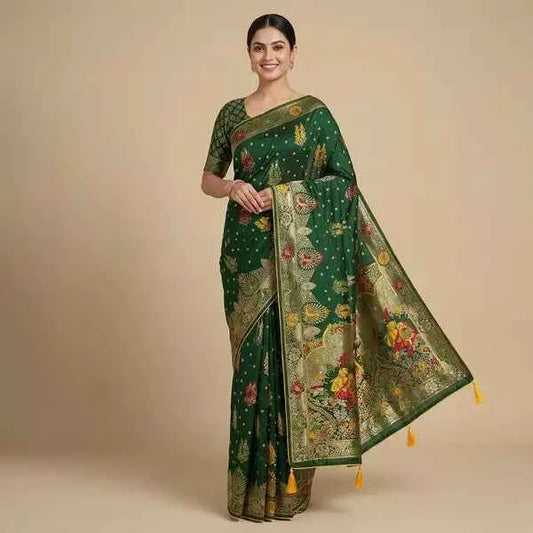 Heritage Green Dola Silk Bandhej Saree: Embrace Timeless Elegance