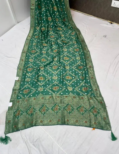 Sea Green Dola Silk Bandhej Meena Saree For Women