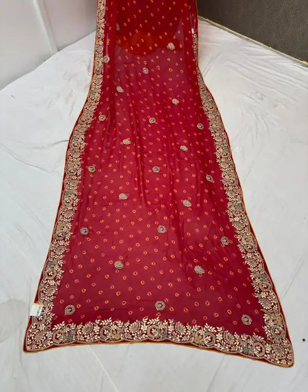 Red Georgette Bandhej Gota Patti Saree For Women