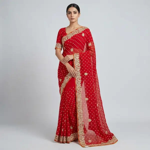 Red Georgette Bandhej Gota Patti Saree For Women