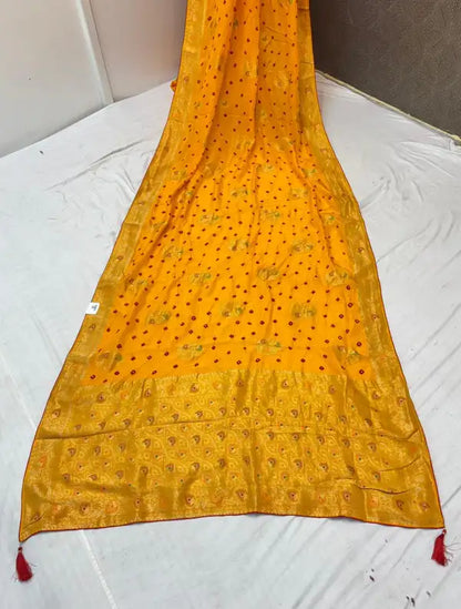 Mustard Yellow Dola Silk Bandhej Meena Saree For Women