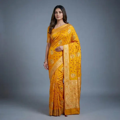 Mustard Yellow Dola Silk Bandhej Meena Saree For Women