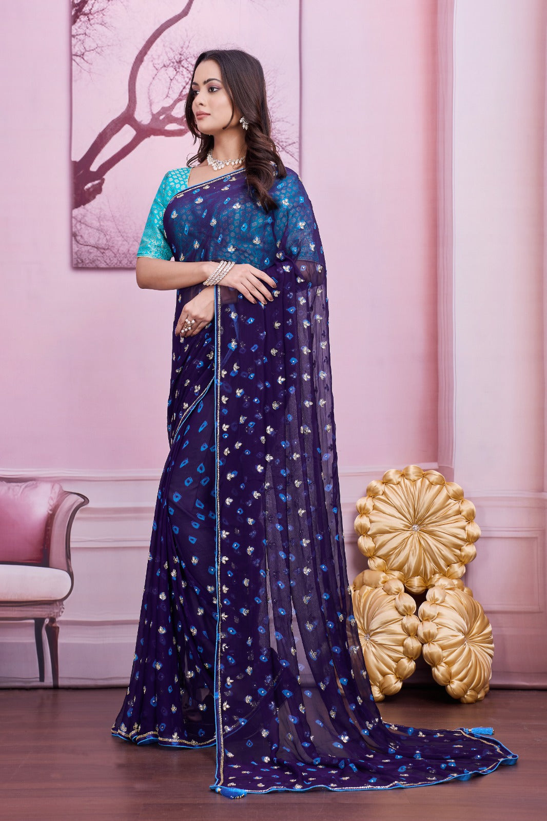💙 Troika Fashion – Navy Blue Chiffon Bandhej Handwork Saree