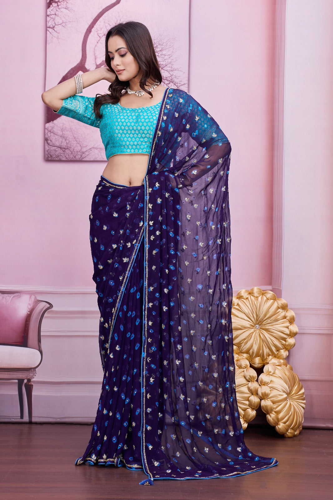 💙 Troika Fashion – Navy Blue Chiffon Bandhej Handwork Saree