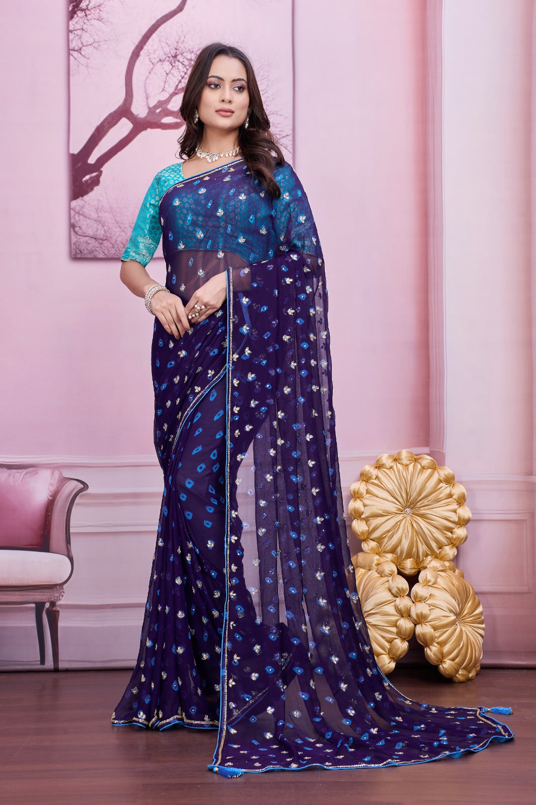 💙 Troika Fashion – Navy Blue Chiffon Bandhej Handwork Saree