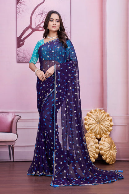 💙 Troika Fashion – Navy Blue Chiffon Bandhej Handwork Saree