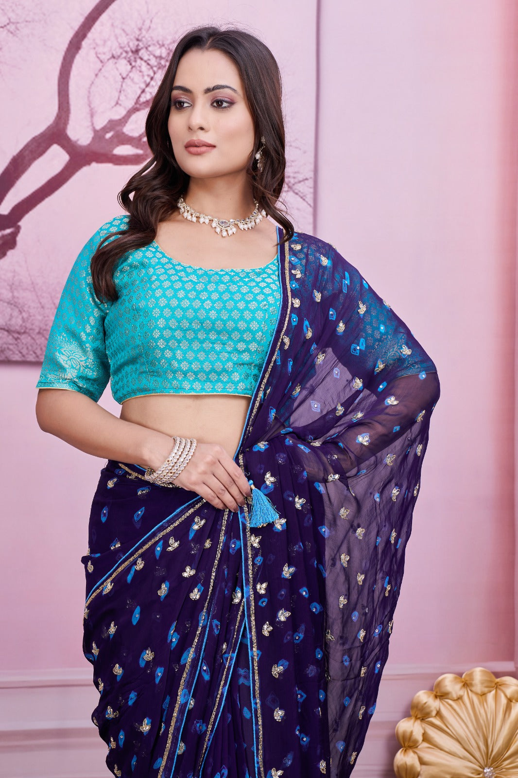 💙 Troika Fashion – Navy Blue Chiffon Bandhej Handwork Saree