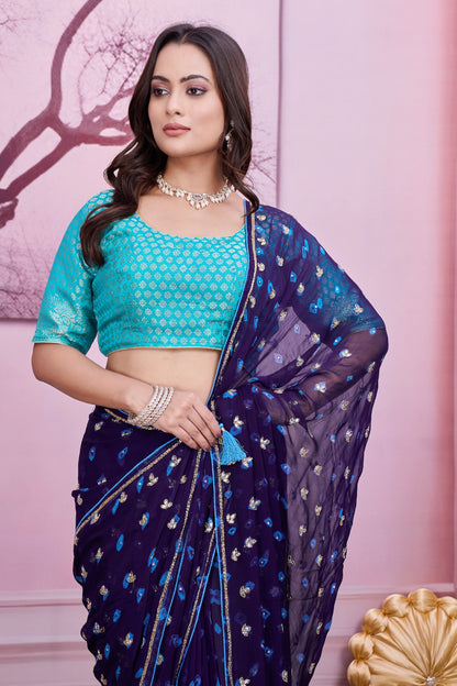 💙 Troika Fashion – Navy Blue Chiffon Bandhej Handwork Saree