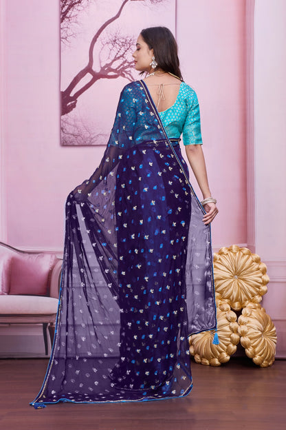 💙 Troika Fashion – Navy Blue Chiffon Bandhej Handwork Saree