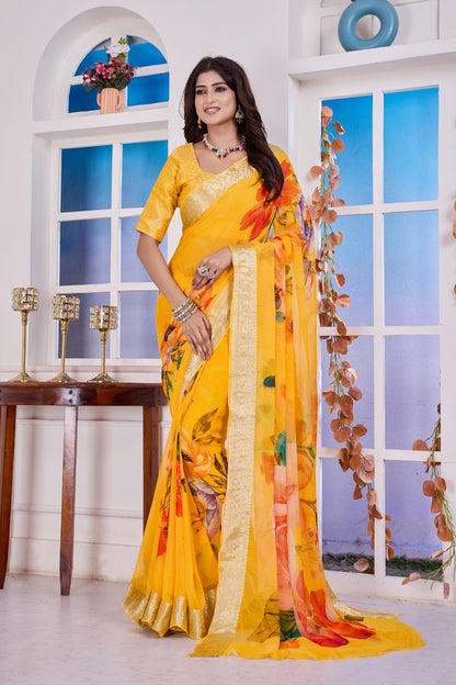 Troika Fashion – Yellow Chiffon Floral Print Saree with Golden Border