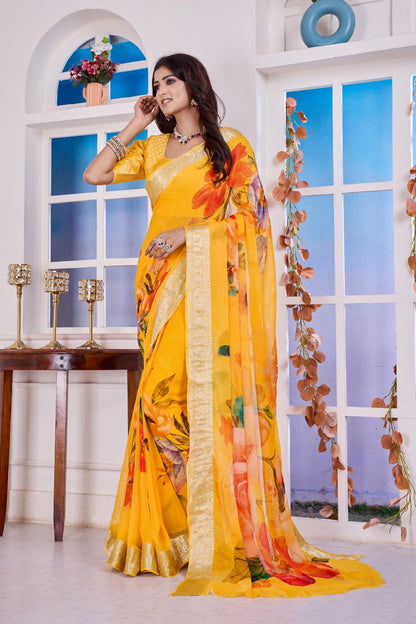 Troika Fashion – Yellow Chiffon Floral Print Saree with Golden Border