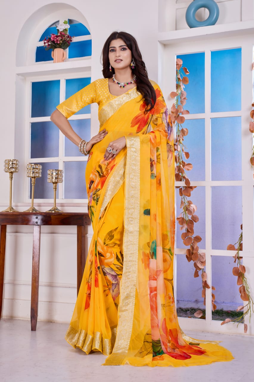 Troika Fashion – Yellow Chiffon Floral Print Saree with Golden Border