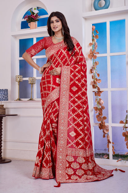❤️ Troika Fashion – Classic Bridal Red Chinon Meena Weaving Saree with Zarkan & Dabka Handwork