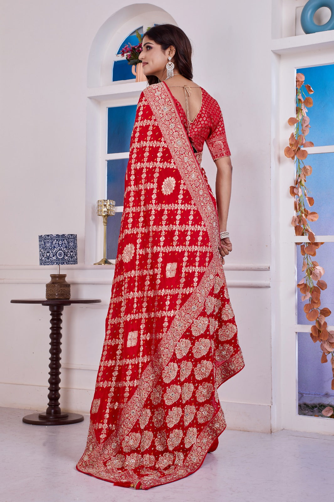 ❤️ Troika Fashion – Classic Bridal Red Chinon Meena Weaving Saree with Zarkan & Dabka Handwork