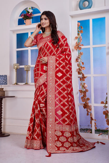 ❤️ Troika Fashion – Classic Bridal Red Chinon Meena Weaving Saree with Zarkan & Dabka Handwork