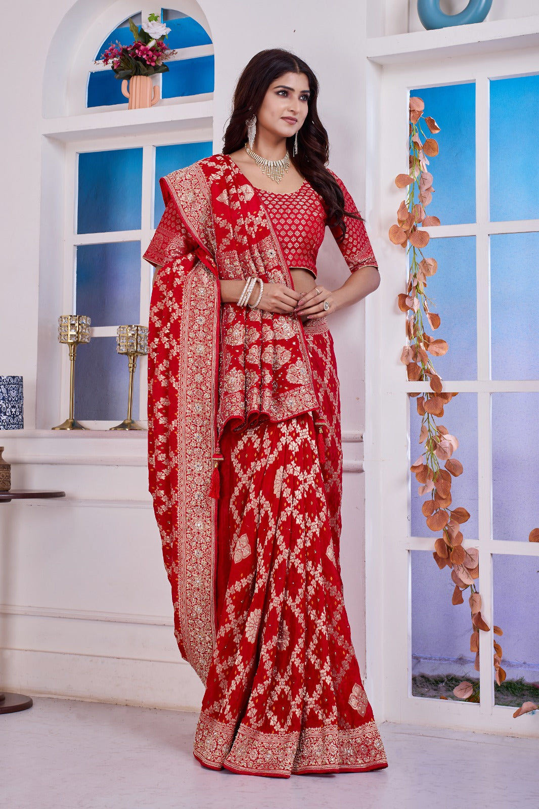 ❤️ Troika Fashion – Classic Bridal Red Chinon Meena Weaving Saree with Zarkan & Dabka Handwork
